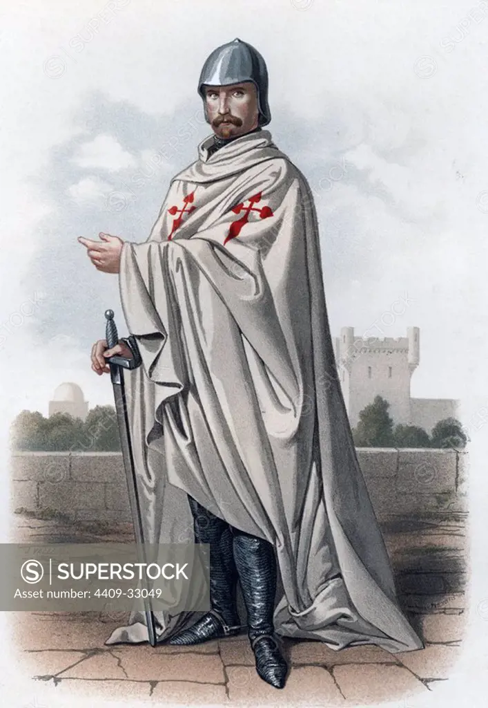 Litografía en color de un caballero de la Orden de Santiago vestido con traje de guerra. Dibujo de J. Vallejo.