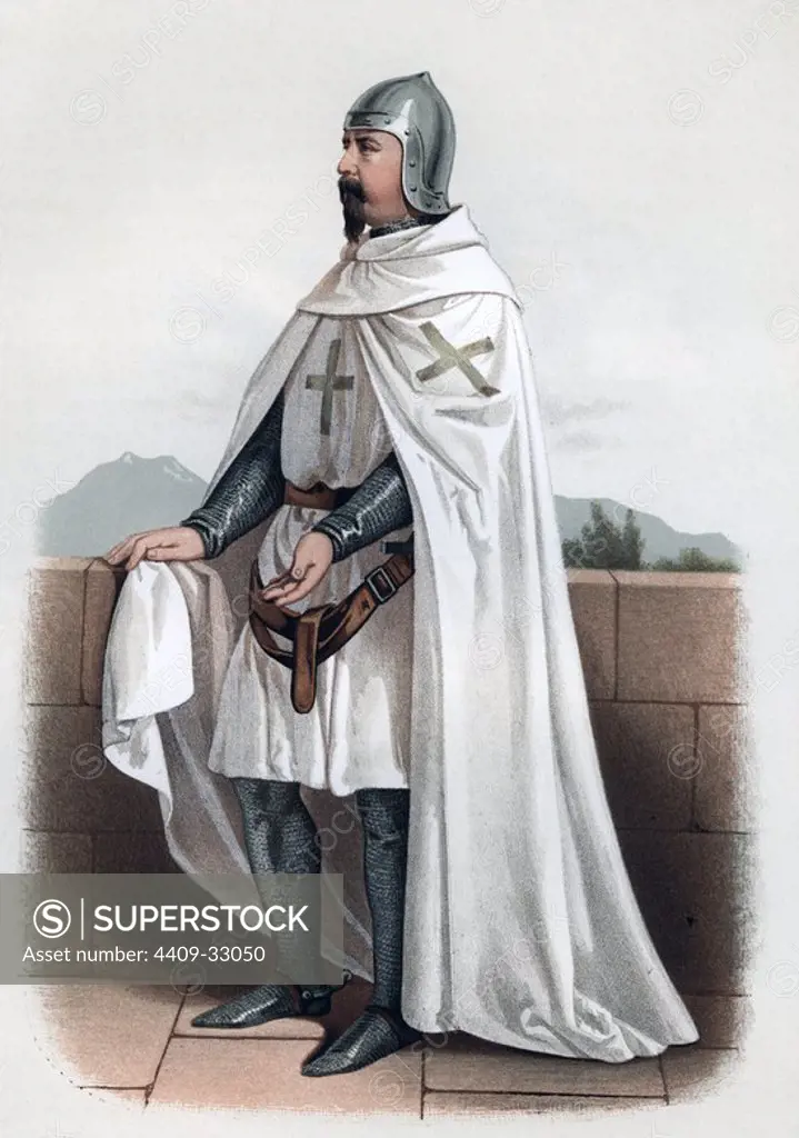 Litografía en color de un caballero de la Orden de San Julián del Pereiro (después, de Alcántara) vestido con traje de guerra. Dibujo de J. Vallejo.
