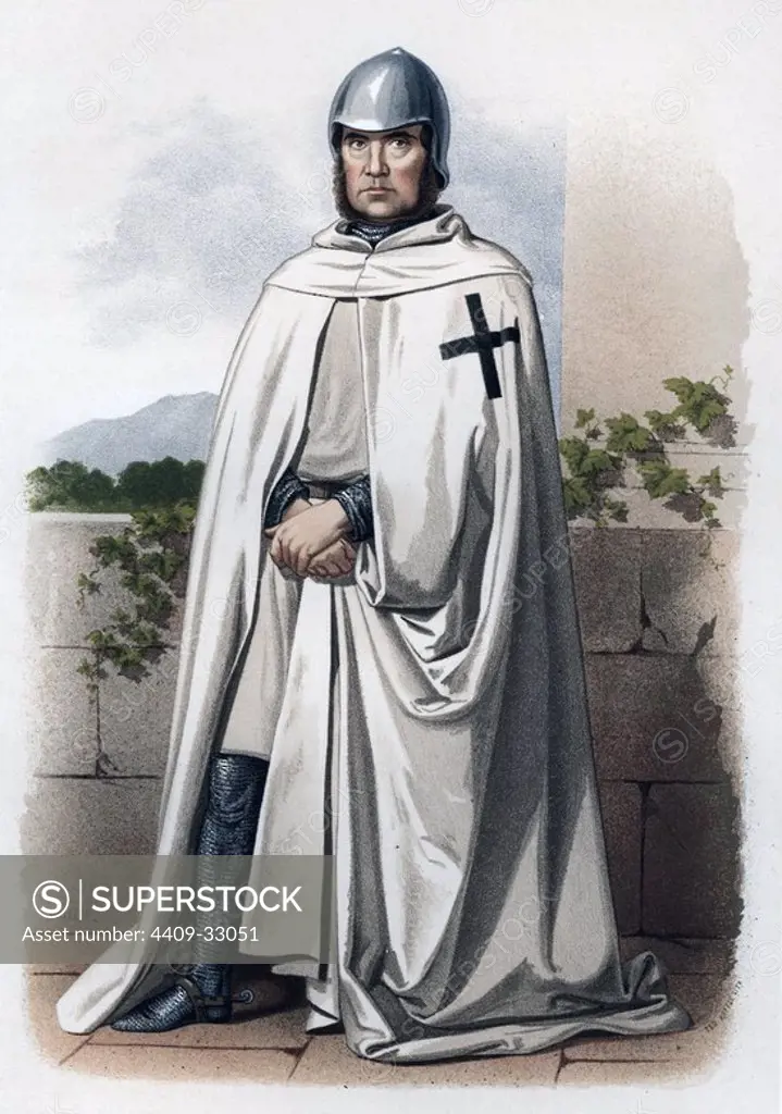 Litografía en color de un caballero de la Orden de Montesa vestido con traje de guerra. Dibujo de J. Vallejo.