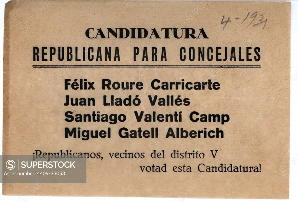Papeleta con la candidatura republicana para las elecciones de concejales en abril de 1931.