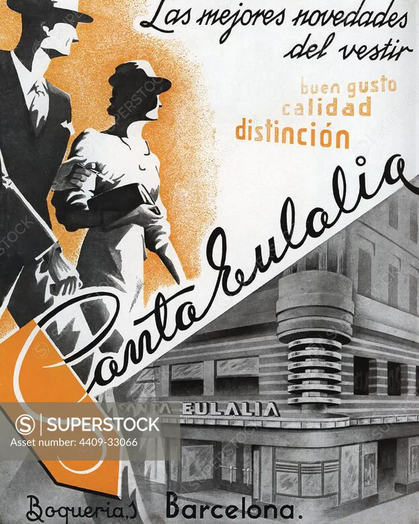 Cartel publicitario del comercio de novedades del vestir Santa Eulalia, de Barcelona. Años 1940.