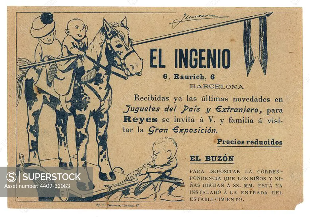 Invitación a la exposición del establecimiento "El Ingenio", de Barcelona, ilustrada por el dibujante Junceda. Author: Joan Junceda Supervia.