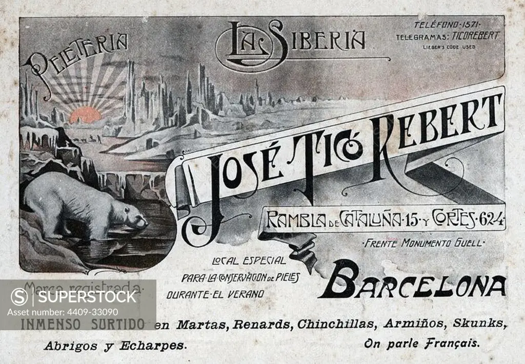 Tarjetón publicitario de la peletería La Siberia, de Barcelona. Año 1912.