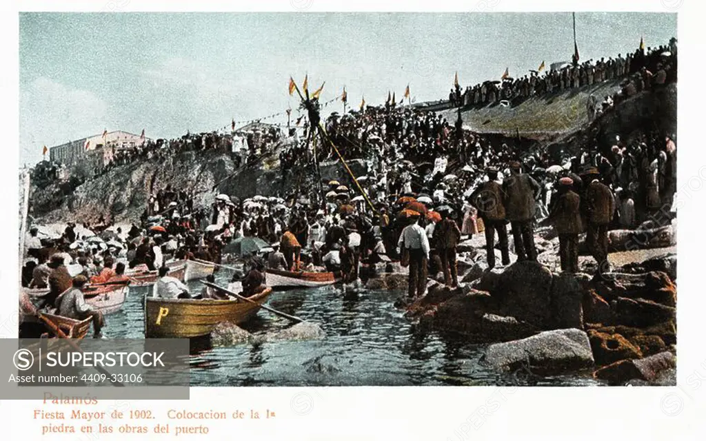 Palamós (Girona). Colocación de la primera piedra de las obras del puerto. Fiesta Mayor de 1902.