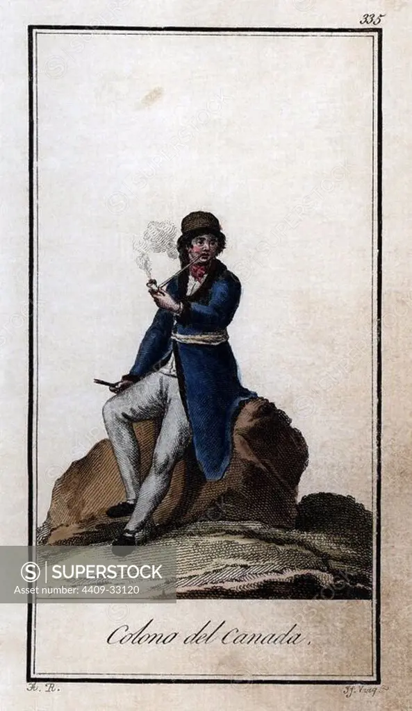 Colono del Canadá vestido con chaqueta y calzón largo, y un gorro de lana. Grabado en color de 1805.