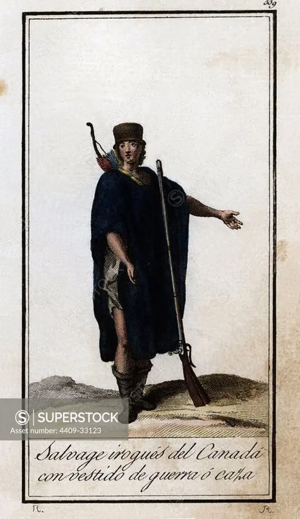 Indio salvaje Iroqués del Canadá vestido de guerra o caza. Grabado en color de 1805.