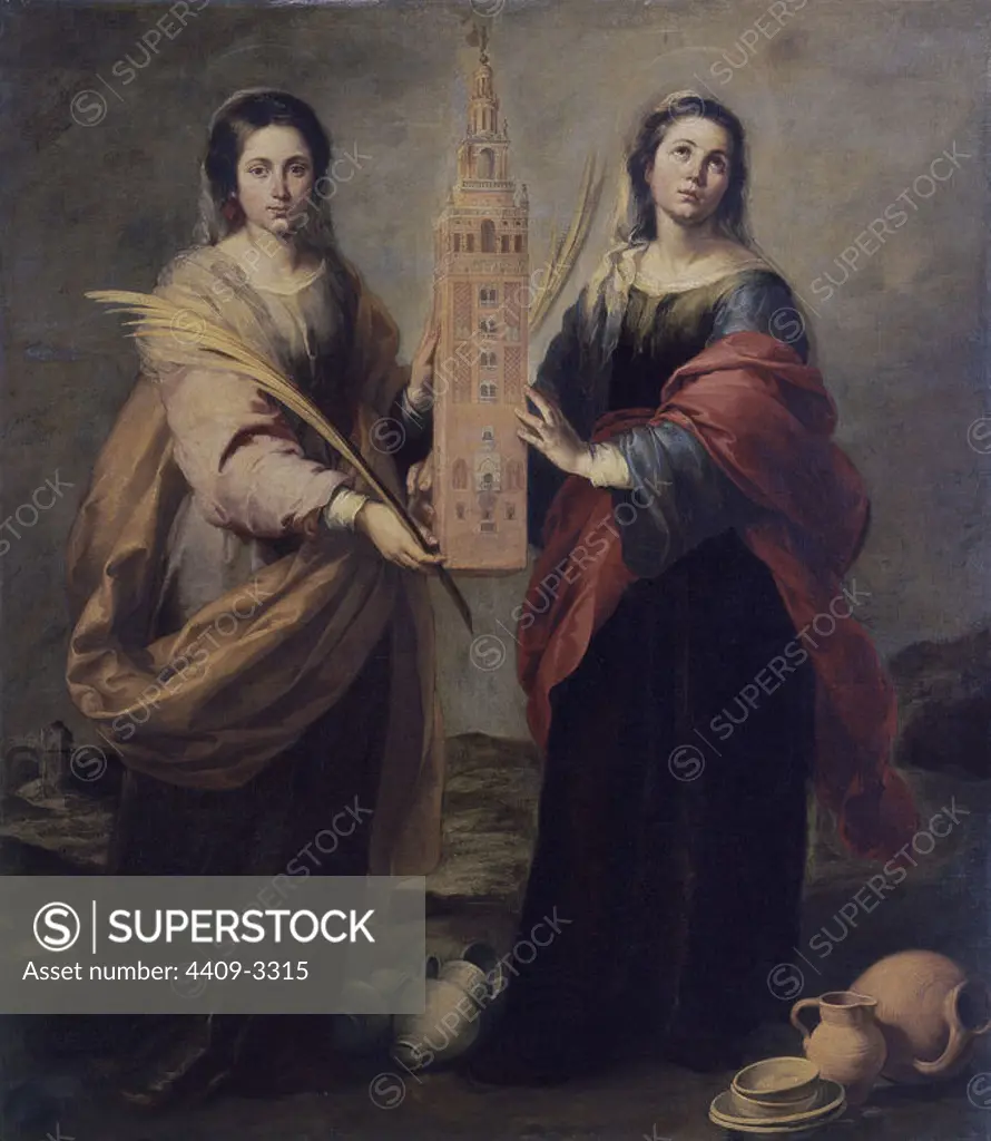 'Saints Justa and Rufina', 1665-1666, Oil, 176 x 200 cm. Author: BARTOLOME ESTEBAN MURILLO. Location: MUSEO DE BELLAS ARTES-CONVENTO DE LA MERCED CALZAD. SPAIN. SANTA JUSTA. SANTA RUFINA.