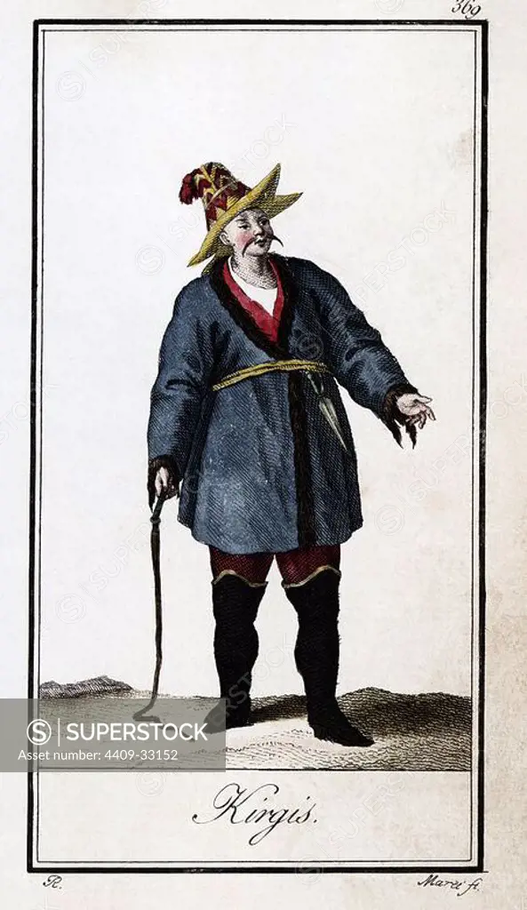 Hombre kirguís, de Rusia. Grabado en color de 1805.