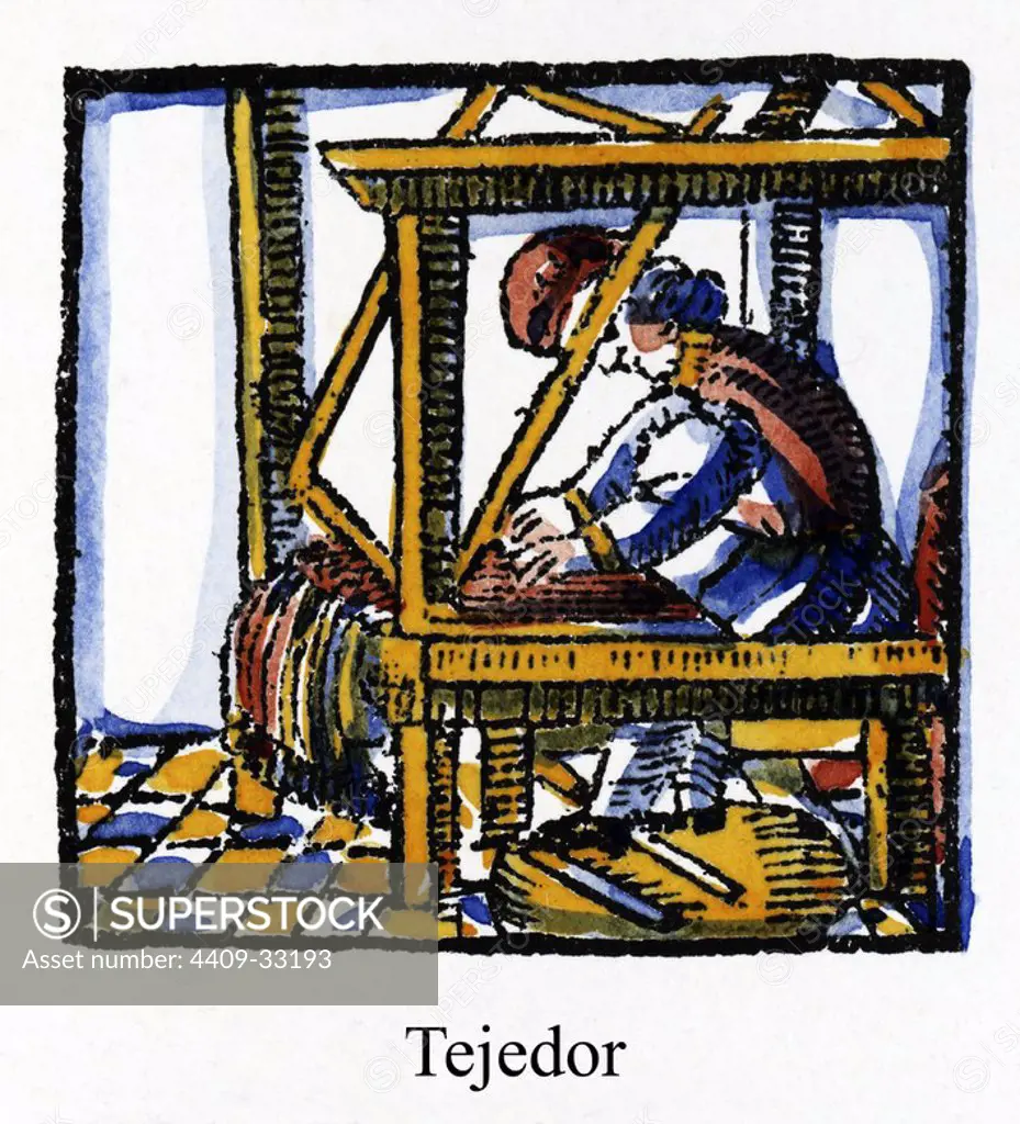 Artes y Oficios de Barcelona desde la Edad Media. Grabado al Boj del siglo XVIII. Tejedor trabajando en el telar.