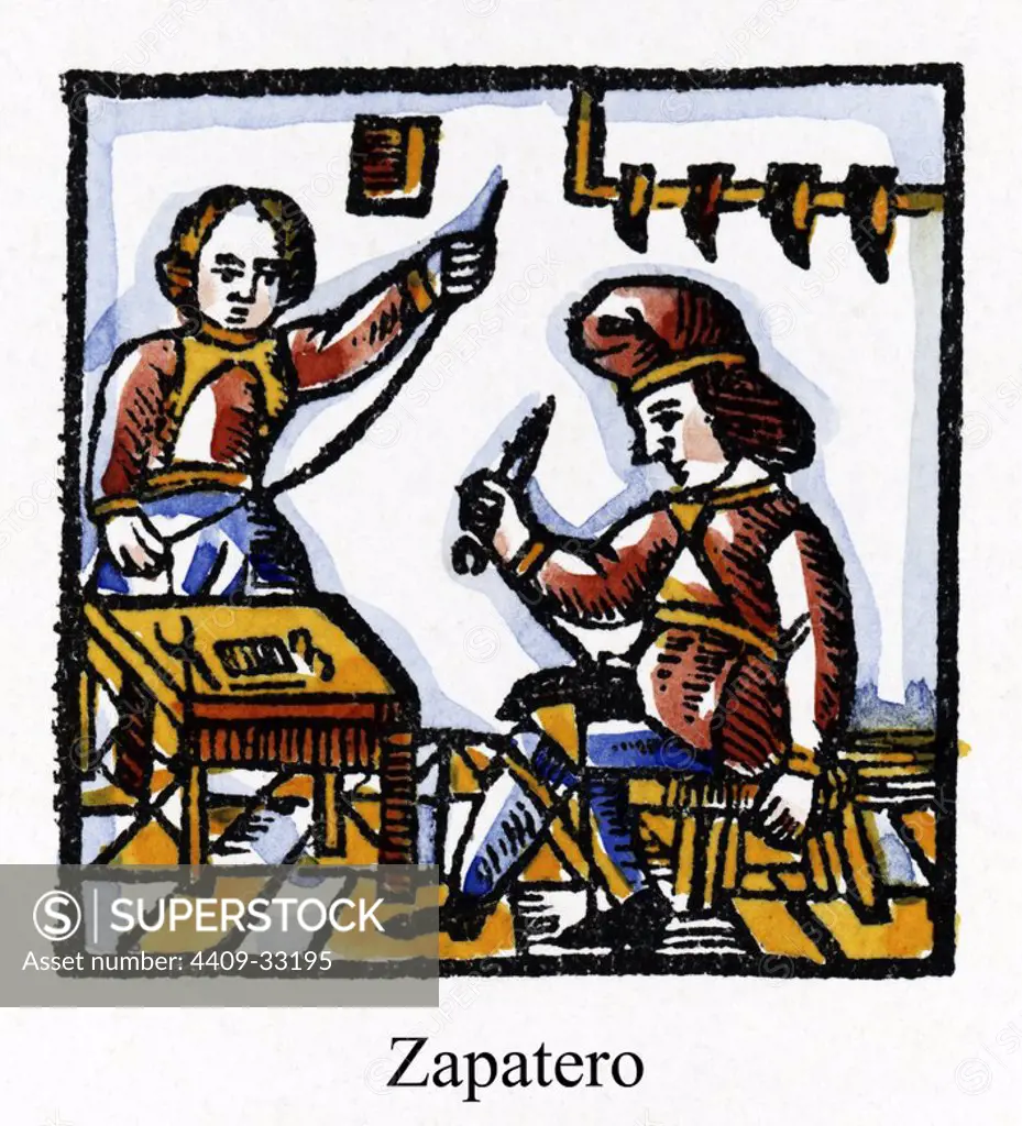 Artes y Oficios de Barcelona desde la Edad Media. Grabado al Boj del siglo XVIII. Zapatero cosiendo un zapato.