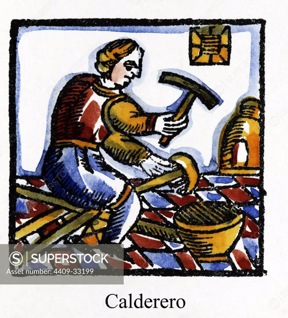 Artes y Oficios de Barcelona desde la Edad Media. Grabado al Boj del siglo XVIII. Calderero dando forma a un recipiente.