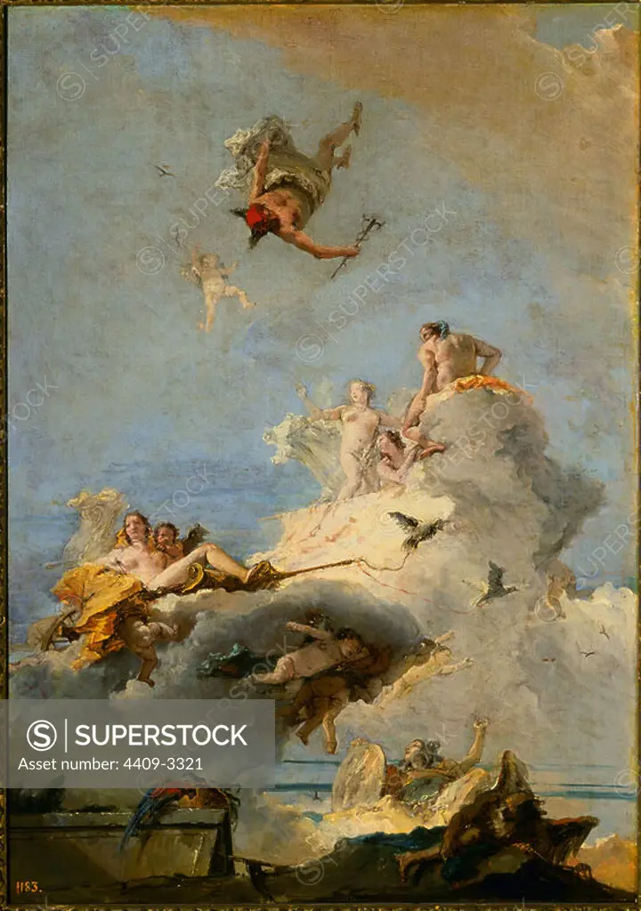 'Olymp', 1761-1764, Italian Baroque, Oil on canvas, 87 cm x 61,5 cm, P00365. Author: GIOVANNI BATTISTA TIEPOLO (1696-1770). Location: MUSEO DEL PRADO-PINTURA. MADRID. SPAIN. Minerva. SATURN (MYTHOLOGY). Jupiter. HERMES. HERA. VENUS DIOSA ROMANA. DIANA CAZADORA-DIOSA EN LA MITOLOGIA ROMANA.