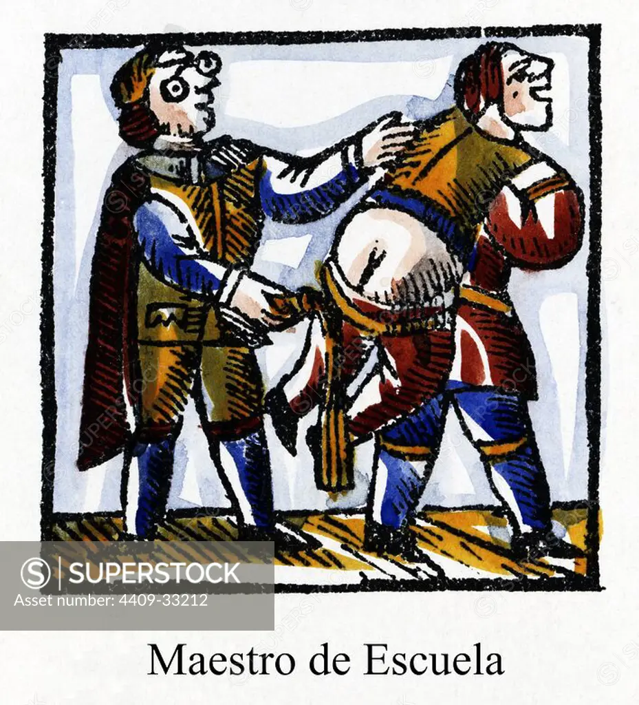 Artes y Oficios de Barcelona desde la Edad Media. Grabado al Boj del siglo XVIII. Maestro de escuela aplicando un castigo a un alumno.