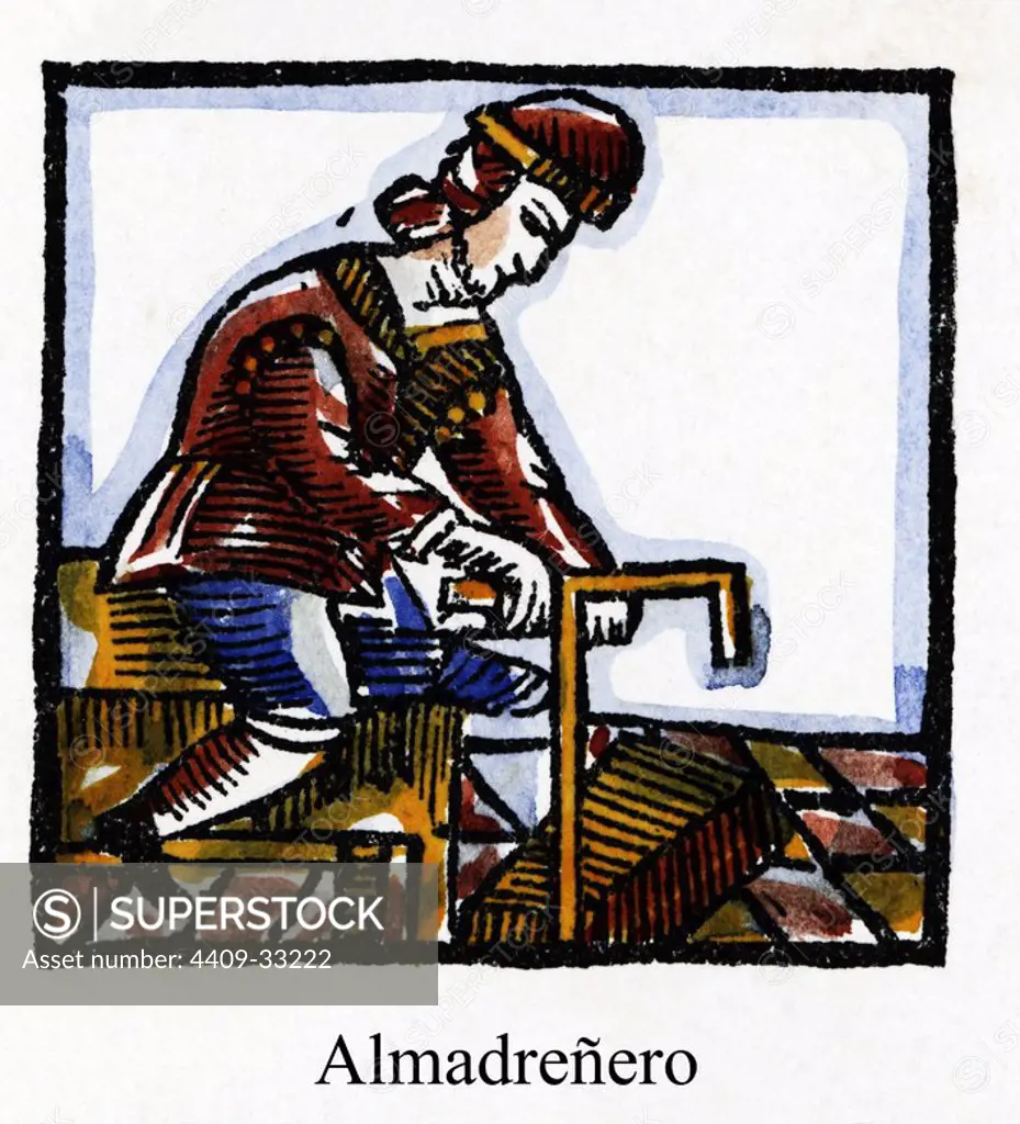 Artes y Oficios de Barcelona desde la Edad Media. Grabado al Boj del siglo XVIII. Almadreñero vaciando unos zuecos de madera.