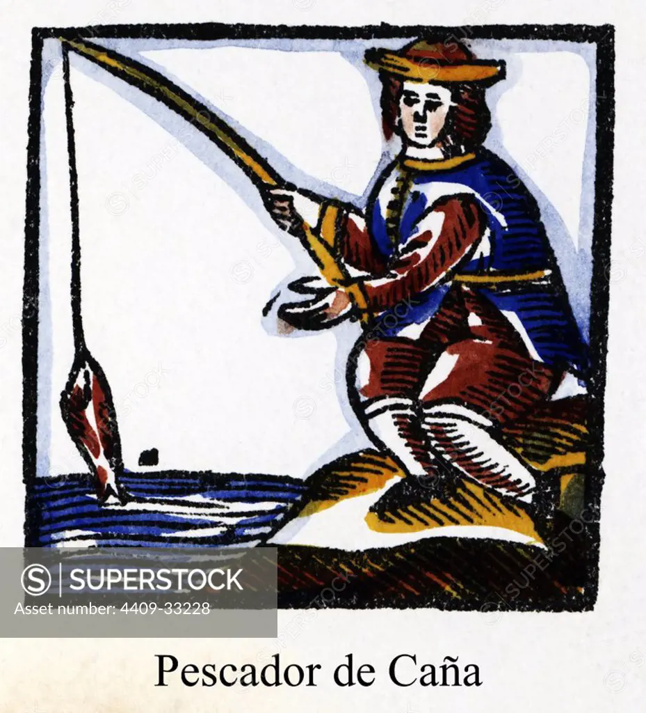 Artes y Oficios de Barcelona desde la Edad Media. Grabado al Boj del siglo XVIII. Pescador de caña a orillas del mar.