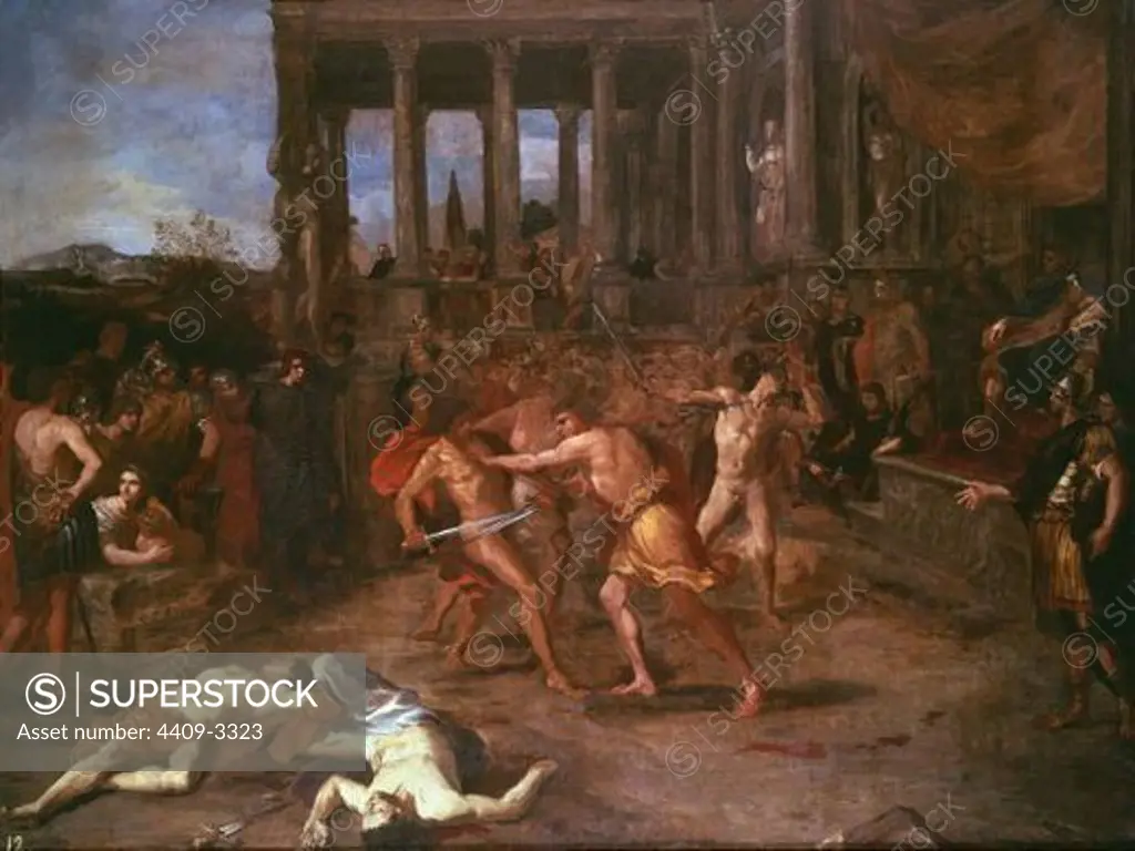 Gladiators Fighting. 17th century. Oil on canvas (182 x 235). Italian baroque. Madrid, Prado museum. Author: CAMASSEI, ANDREA. Location: MUSEO DEL PRADO-PINTURA, MADRID, SPAIN.