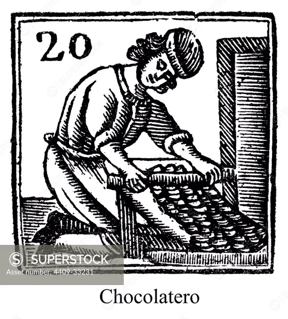 Artes y Oficios de Barcelona desde la Edad Media. Grabado al Boj del siglo XVIII. Chocolatero elaborando una tableta de chocolate.