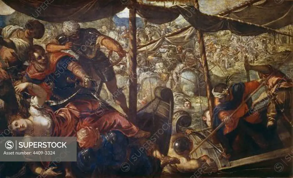 Italian school. Event of a Battle Between Turk People and Christian People. 16th century. Oil on canvas (186x307). Madrid, Prado museum. Author: TINTORETTO. Location: MUSEO DEL PRADO-PINTURA, MADRID, SPAIN.