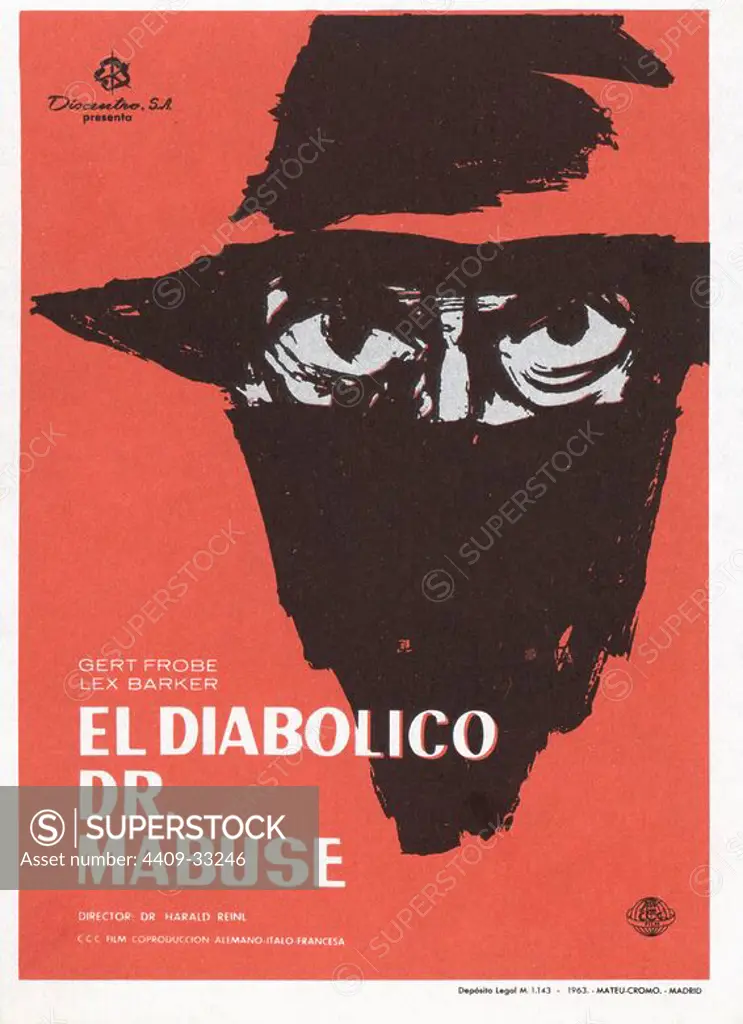 Cartel de la película El Diabólico Dr. Mabuse, con Gert Frobe y Lex Barker, dirigida por Harald Reiml. Alemania, ano 1961.