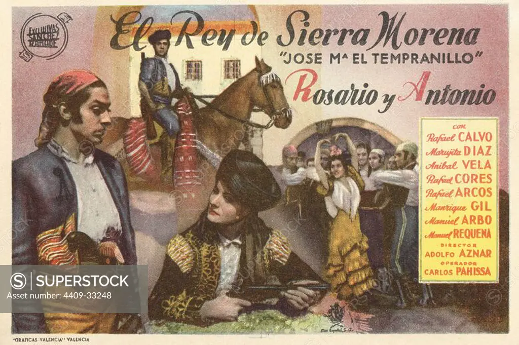 Cartel de la película El Rey de Sierra Morena, con Rosario y Antonio, dirigida por Adolfo Aznar. España, 1942.