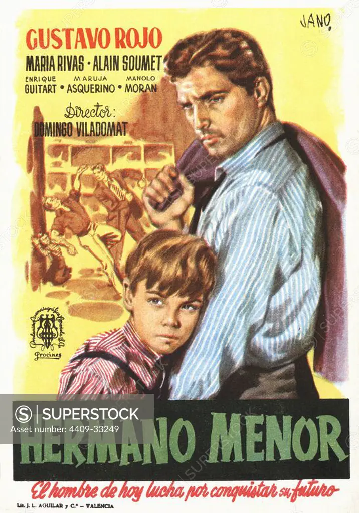Cartel de la película Hermano Menor, ilustrado por Jano; con Gustavo Rojo y María Ribas, dirigida por Domingo Viladomat. España, año 1952.