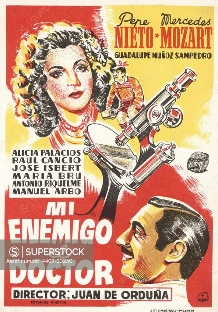 Cartel de la película Mi Enemigo el Doctor, con Pepe Nieto y Mercedes Mozar, dirigida por Juan de Orduña. España, año 1944.