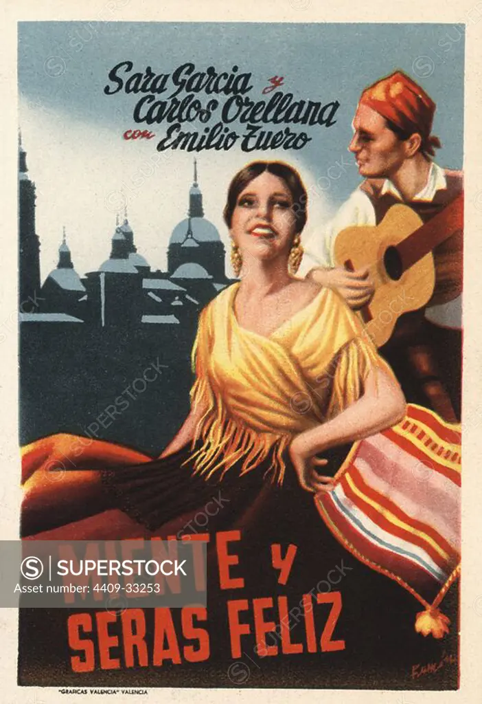 Cartel de la película Miente y Serás Feliz, con Sara García y Carlos Orellana. Méjico, 1939.