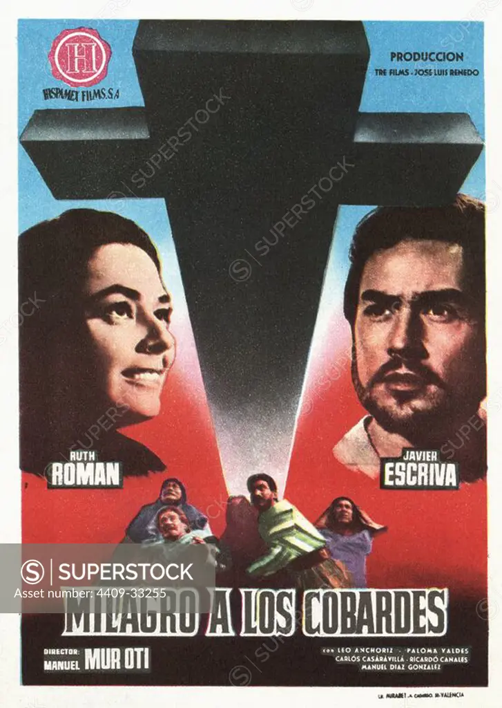 Cartel de la película Milagro a los Cobardes, con Ruth Roman y Javier Escrivá, dirigida por Manuel Mur Oti. España, 1961.