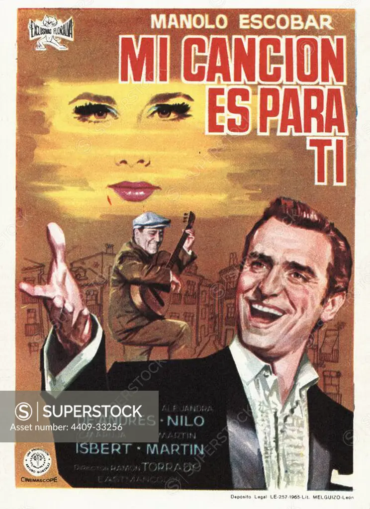 Cartel de la película Mi Canción es para ti, con Manolo Escobar, Angel de Andrés y Alejandra Nilo, dirigida por Ramón Torrado. España, 1965.