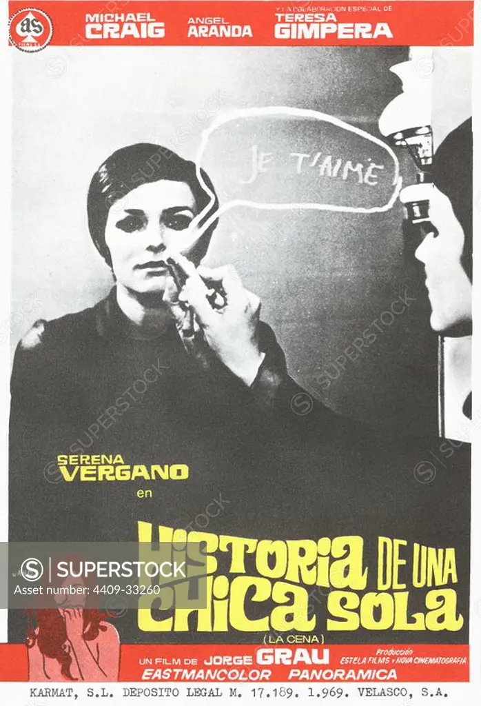 Cartel de la película Historia de una chica sola, ilustrado por Jano, con Serena Vergano, Teresa Gimpera y Michael Craig, dirigida por Jorge Grau. España, 1969.