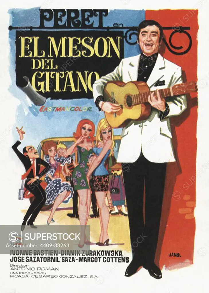 Cartel de la película El Mesón del Gitano, ilustrado por Jano, con Peret e Ivonne Bastién, dirigida por Antonio Román. España, 1969.