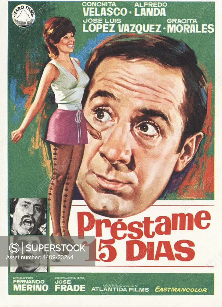 Cartel de la película Préstame 15 Días, ilustrado por Jano, con Conchita Velasco, Alfredo Landa y José Luis López Vázquez, dirigida por Fernando Merino. España, 1971.