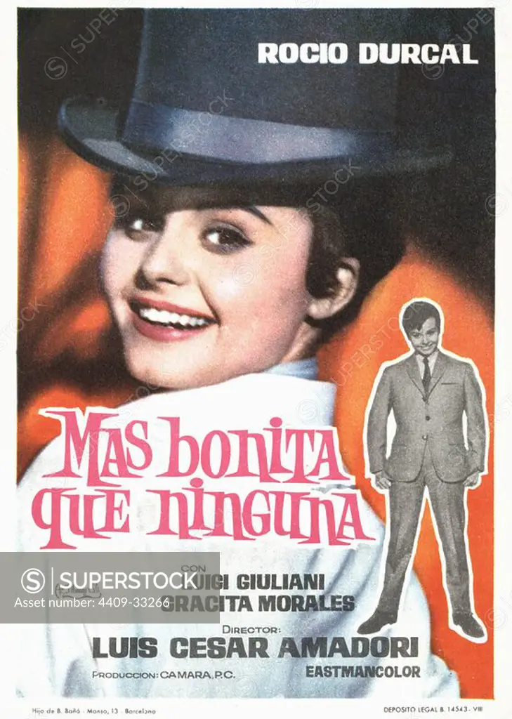 Cartel de la película Más bonita que ninguna, con Rocío Dúrcal y Luigi Giuliani, dirigida por Luis César amadori. España, 1965.