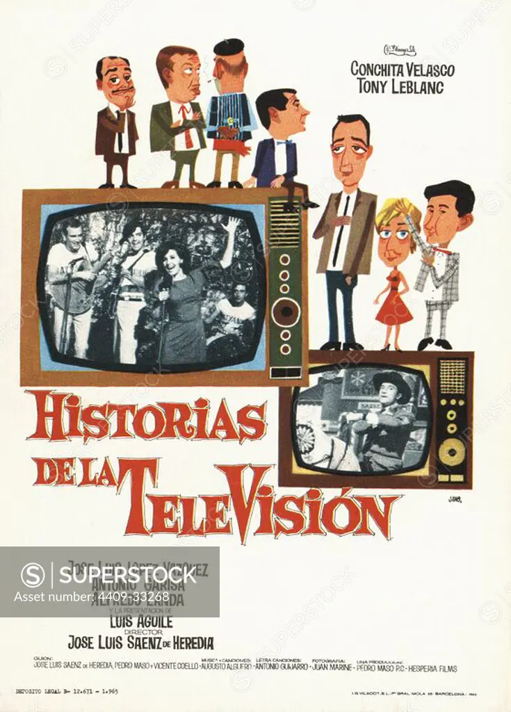 Cartel de la película Historias de la Televisión, ilustrado por Jano, con Conchita Velasco, Tony Lebalanc y José Luis López Vázquez, dirigida por José Luis Sáenz de Heredia. España, 1965.