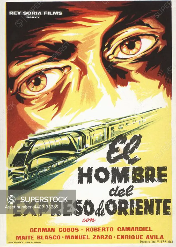 Cartel de la película El Hombre del Expreso de Oriente, con Fernán Cobos y Roberto Camardiel, dirigida por Francisco García. España, 1961.