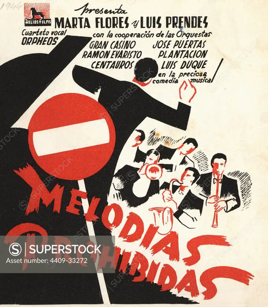 Cartel de la película Melodías Prohibidas, con Marta Flores y Luis Prendes, dirigida por Francisco Gisbert. España, 1942.