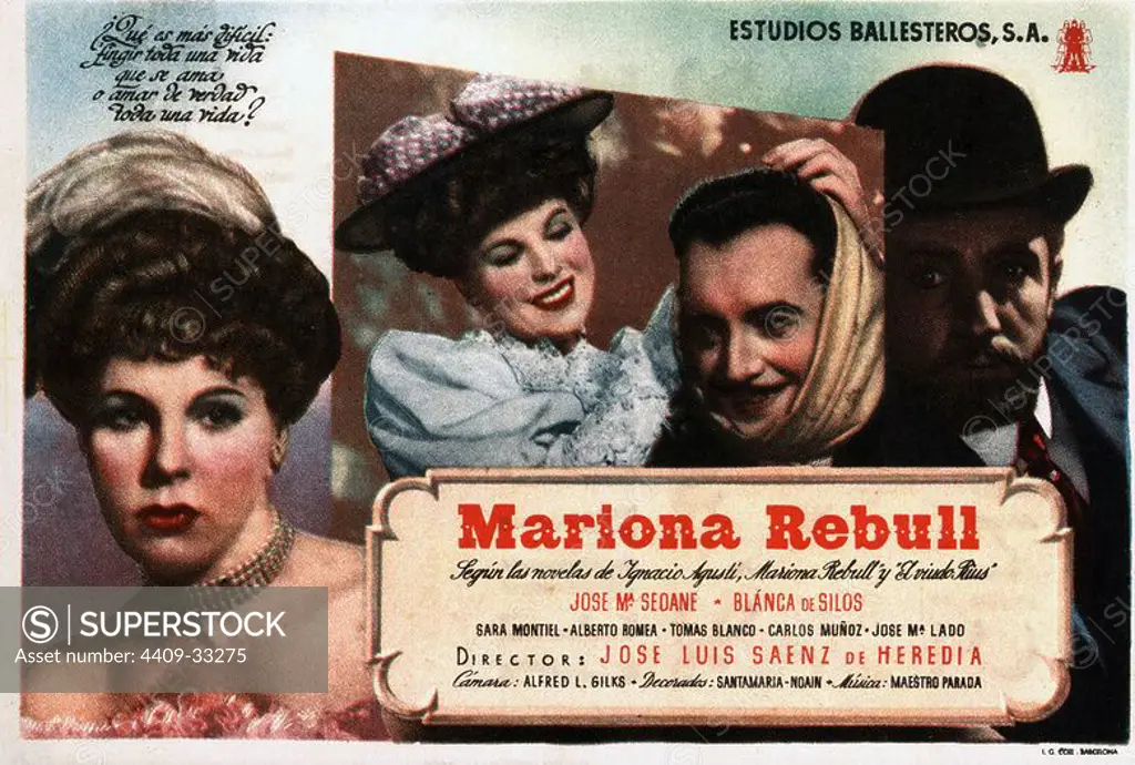 Cartel de la película Mariona Rebull, con José María Seoane, Blanca de Silos y Sara Montiel, dirigida por José Luis Sáenz de Heredia. España, 1948.