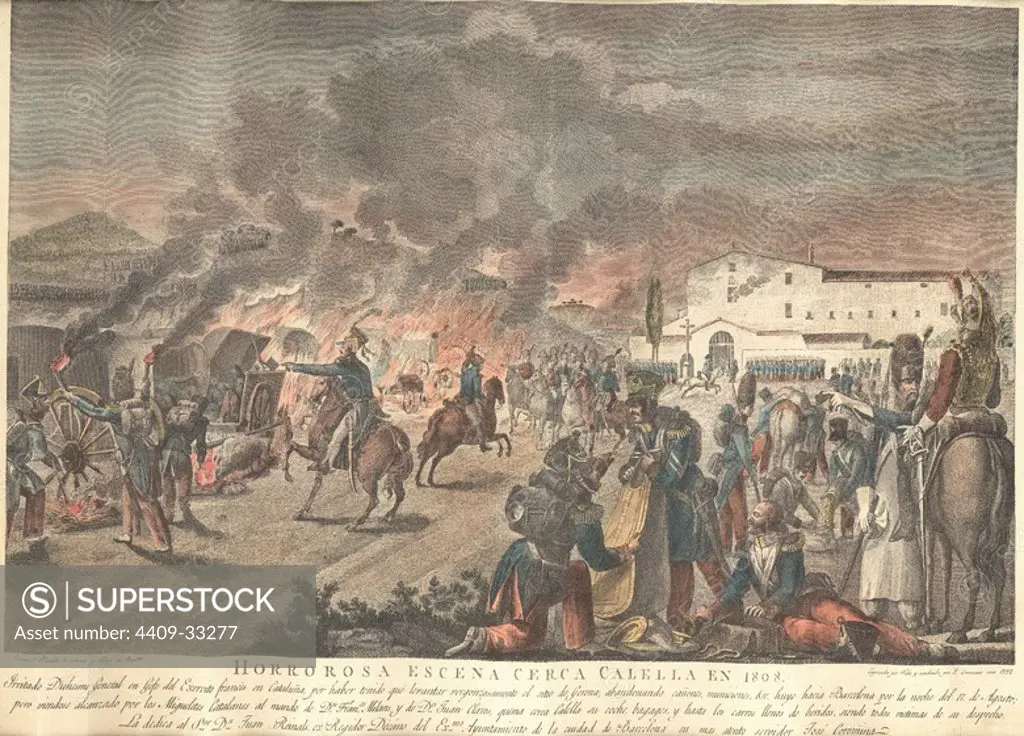 Escena de la retirada de las tropas francesas hacia Barcelona y quema del convoy de carros y bagajes a la entrada de la villa de Calella, en la noche del 17 de agosto de 1808. Grabado de 1822.