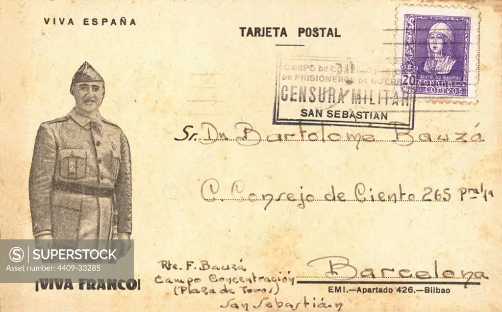 Tarjeta postal del campo de concentración de San Sebastián (plaza de toros), circulada el 20 de abril de 1939, con censura militar.
