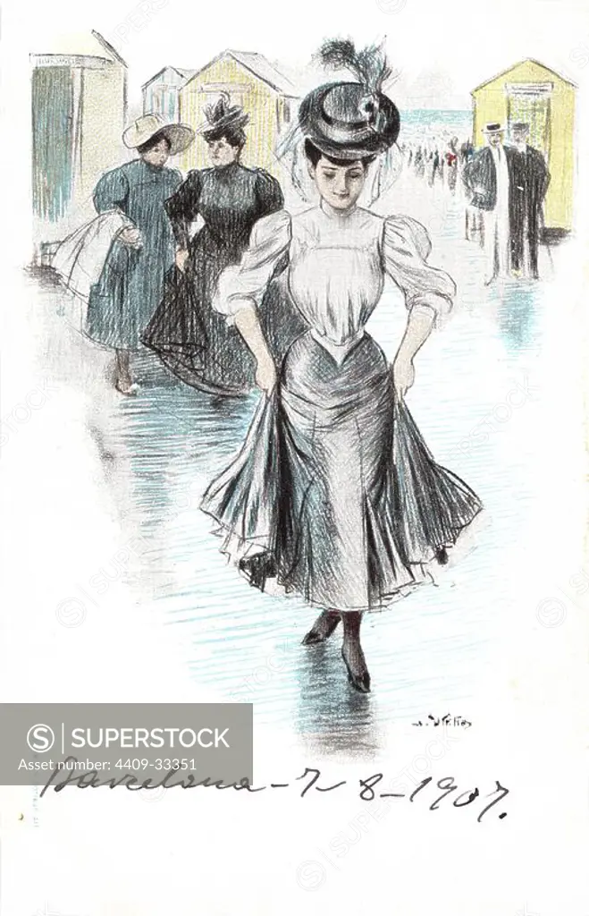 Tarjeta postal. Escenas de baño en la costa de Barcelona. Mujer caminando sobre la arena mojada. Años 1905. Author: Antoni Utrillo Viadera.