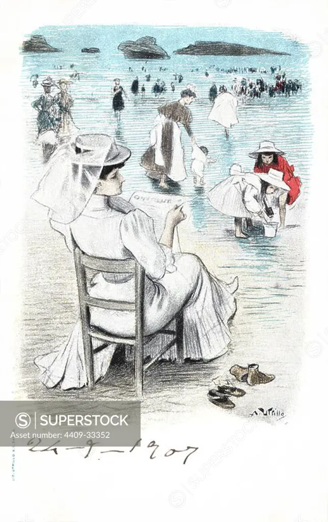 Tarjeta postal. Escenas de baño en la costa de Barcelona. Mujer sentada en una silla en la playa contemplando el mar. Años 1905. Author: Antoni Utrillo Viadera.