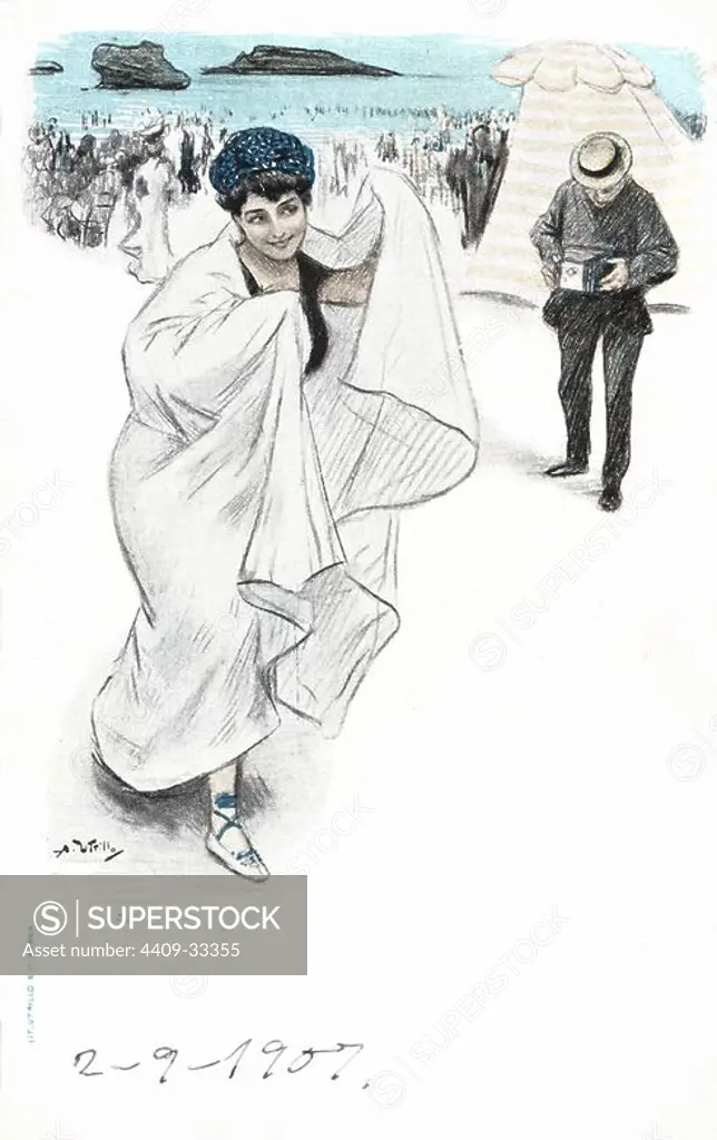 Tarjeta postal. Escenas de baño en la costa de Barcelona. Mujer cubierta con una toalla después del baño. Años 1905. Author: Antoni Utrillo Viadera.