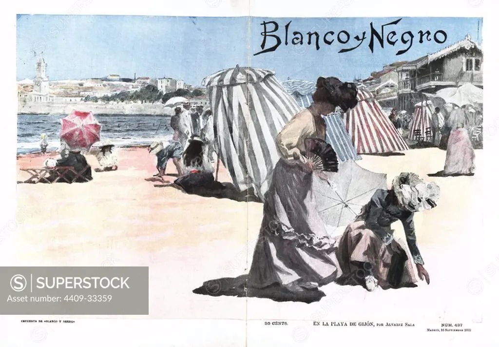 Escena de playa en Gijón (Asturias). Mujeres sobre la arena, casetas y bañistas. Dibujo de la revista Blanco y Negro. Año 1899. Author: Ventura Álvarez-Sala Vigil.