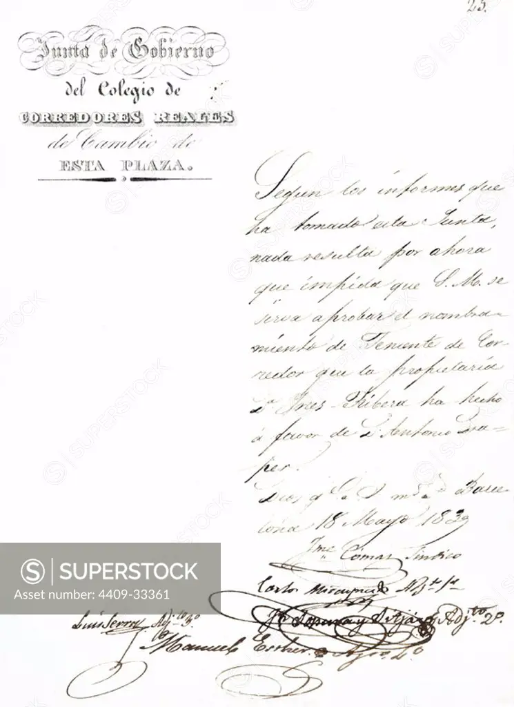 Escrito de la Junta de Gobierno del Colegio de Corredores Reales de Cambio de Barcelona recomendando el nombramiento del cargo de Teniente de corredor, expedido el 18 Mayo de 1839.