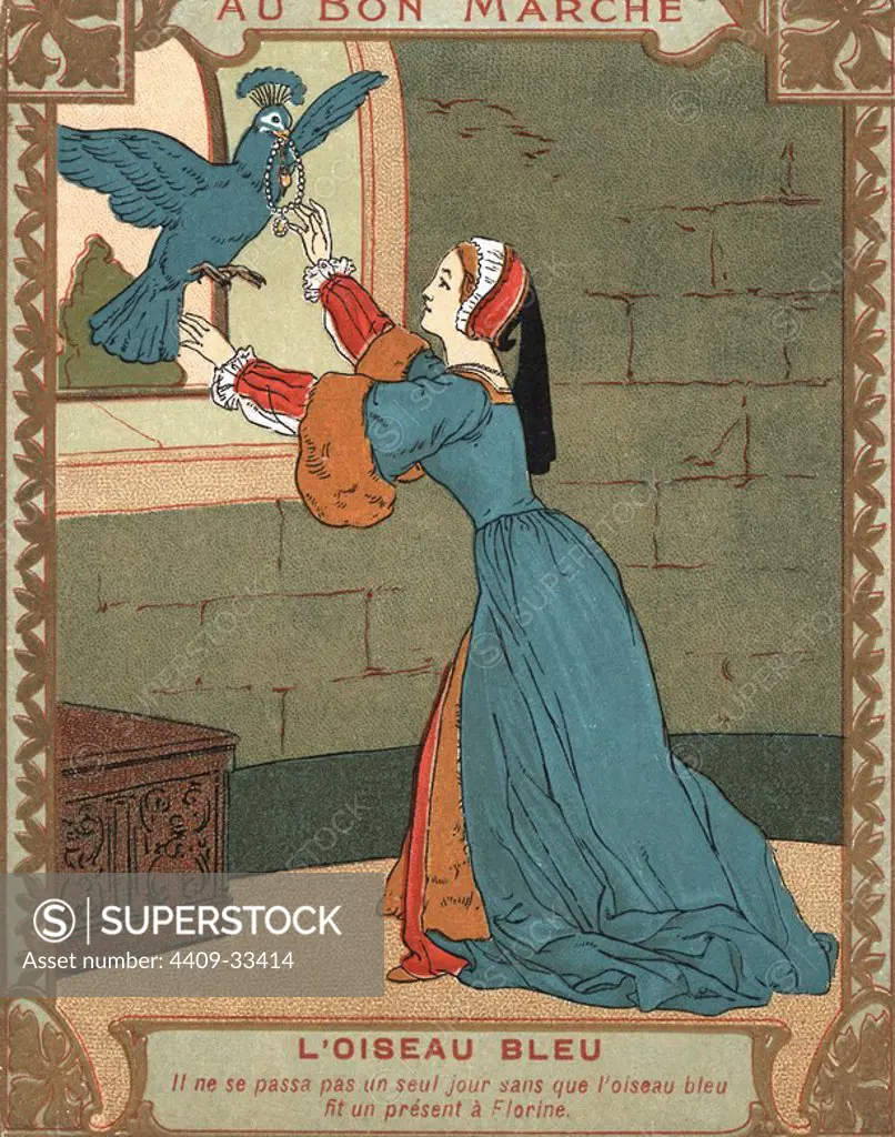 Cromo francés Au Bon Marché con ilustración del cuento El Pájaro Azul. Años 1900.