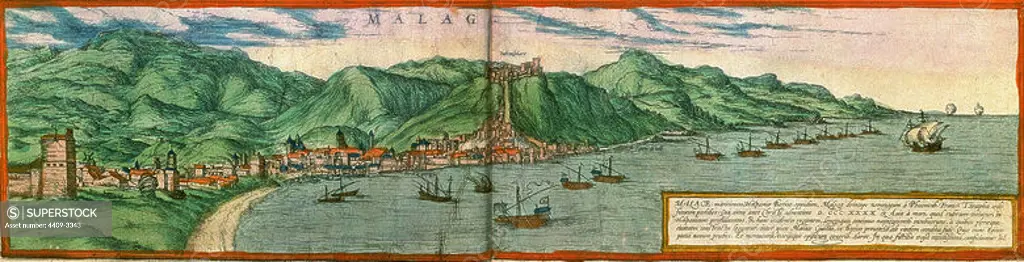 'Civitates orbis terrarum Liber primus. Map of Malaga', 16th century. Author: GEORG BRAUN 1541-1622 / FRANS HOGENBERG. Location: BIBLIOTECA NACIONAL-COLECCION. MADRID. SPAIN.