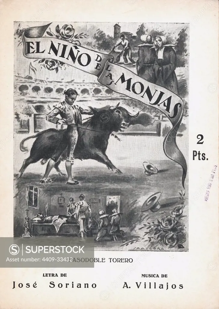 Partitura musical del pasodoble torero El Niño de las Monjas, del maestro Angel Ortiz Villajos. Año 1930.
