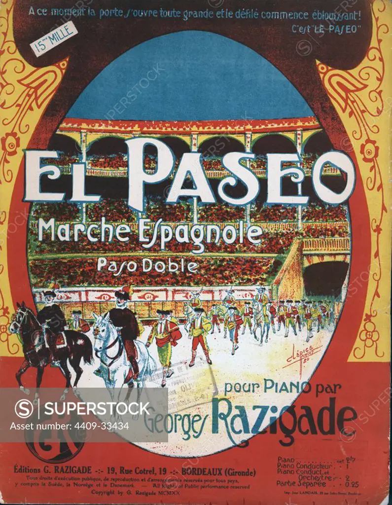 Partitura musical del pasodoble El Paseo, marcha española del maestro George Razigade, editado en Francia en 1920.