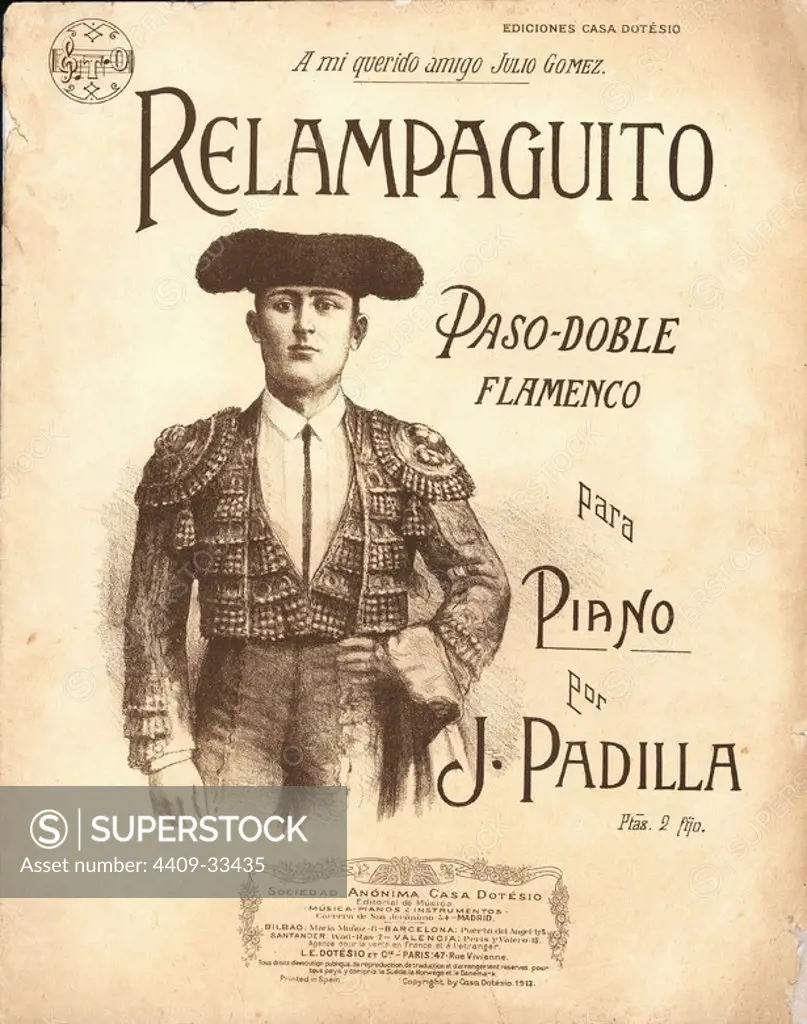 Partitura musical del pasodoble flamenco Relampaguito, del maestro J. Padilla. Año 1913.