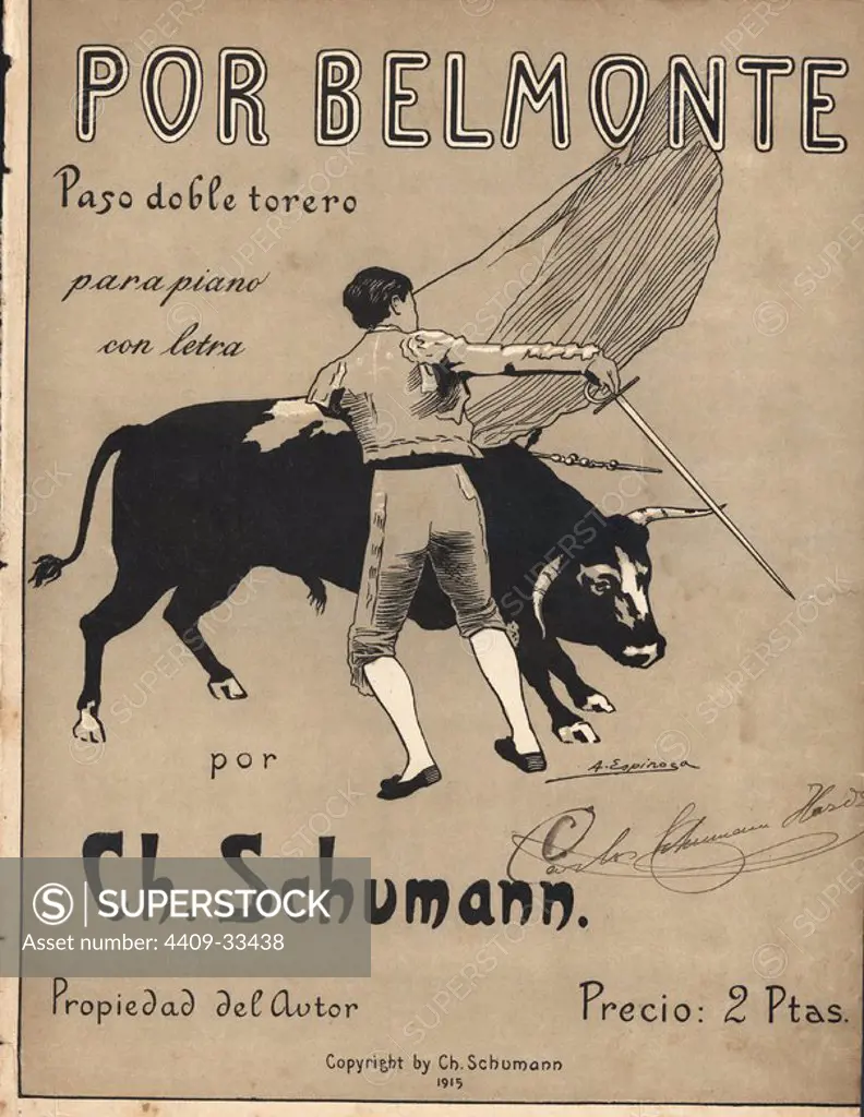 Partitura musical del pasodoble torero Por Belmonte, del maestro Ch. Schumann. Año 1915.